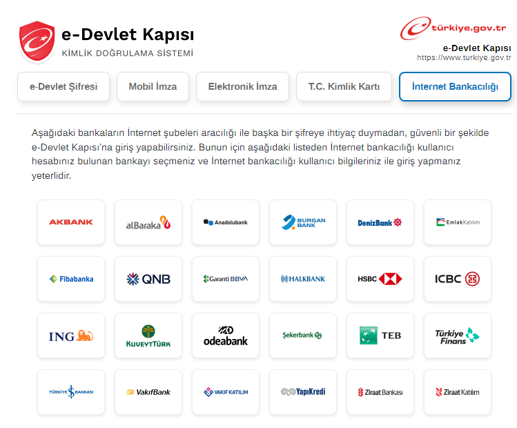 e-Devlet banka giriş ekranı