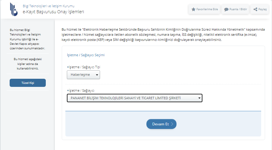 Servis sağlayıcı seçimi ekranı