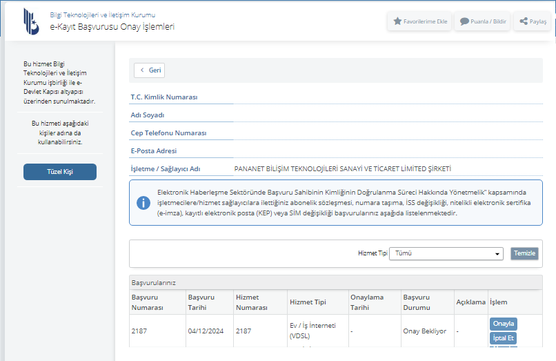 Başvuru listesi ekranı
